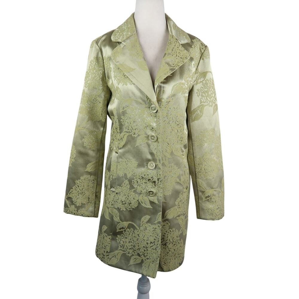 Vintage Y2K Forever 21 Light Green Floral Satin Jacquard Mid Length Jacket L